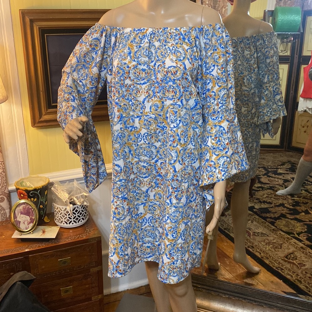 Millennium Off the Shoulder Bell Sleeved Pull On Multi Color Paisley Swirl Dress